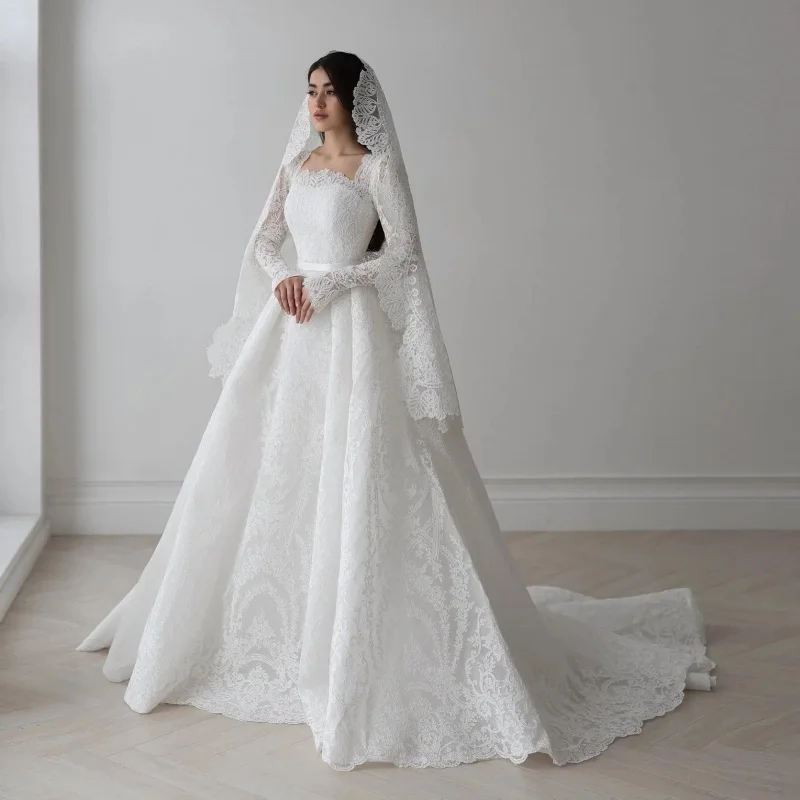 High Waist Baroque Lace A-Line Matching Veil Square Neck Sheer Lace Collar Long Fitted Lace Sleeves Vintage Romantic Bridal Gown