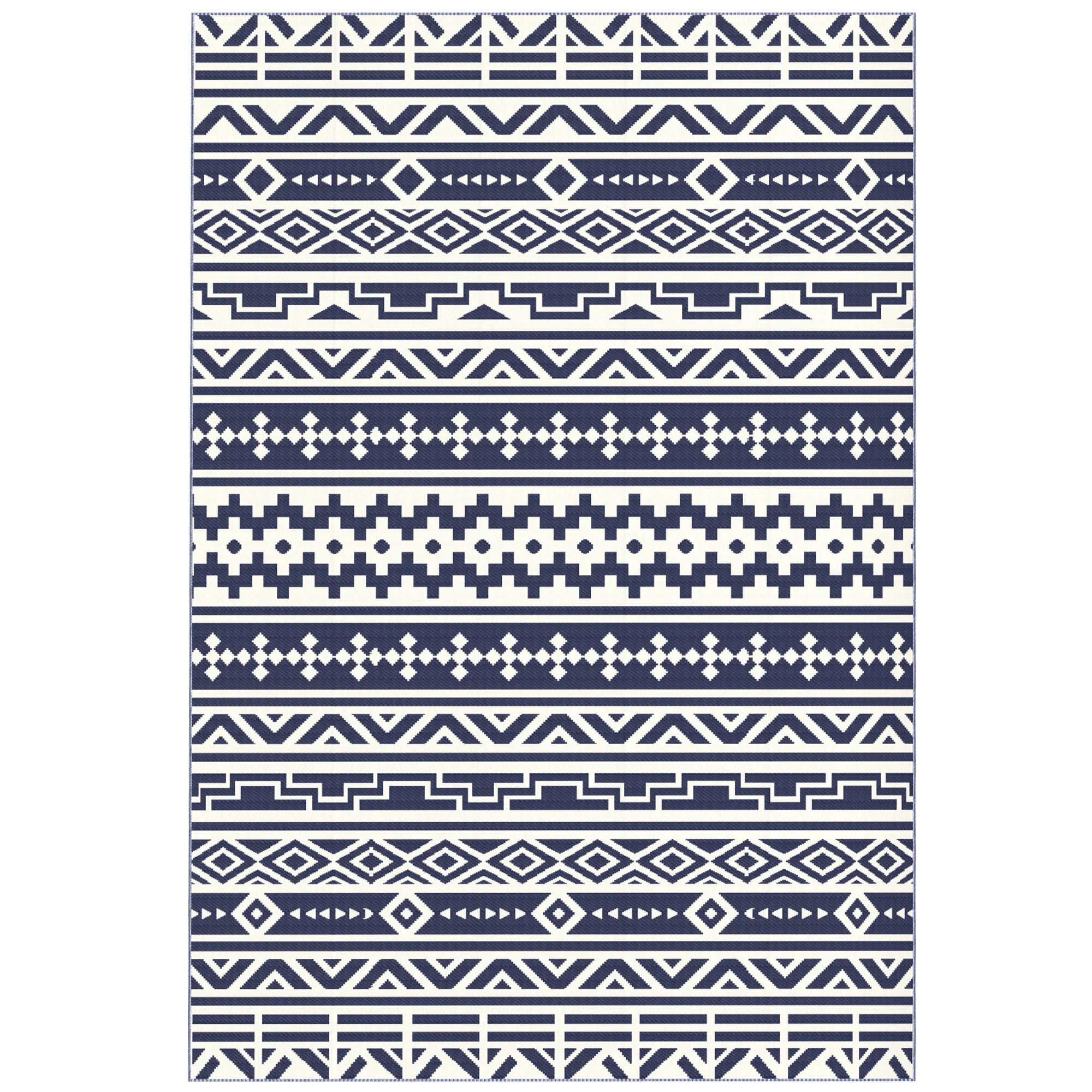 Reversible Outdoor Rug, Waterproof Plastic Straw with Carry Bag, 6' x 9', Blue & White Geometric