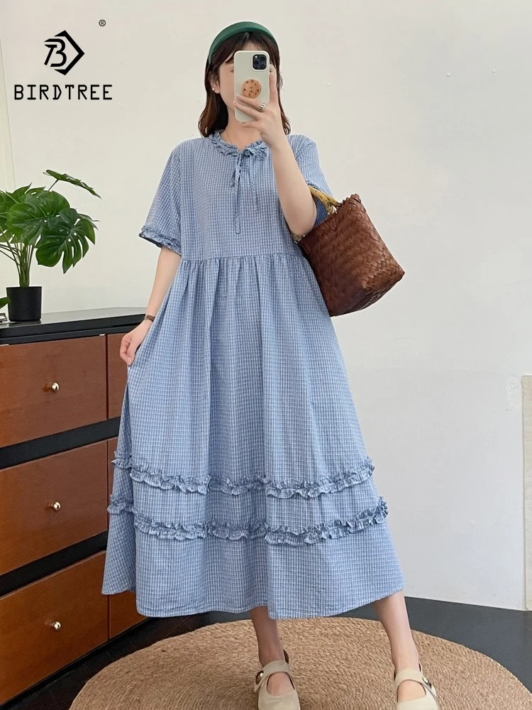 

New 2026 Summer Women Cotton Blend Short Sleeve Dresses, O Neck Plaid Ruffles, Mori Girl Preppy Style INS Loose Dress D65561CC