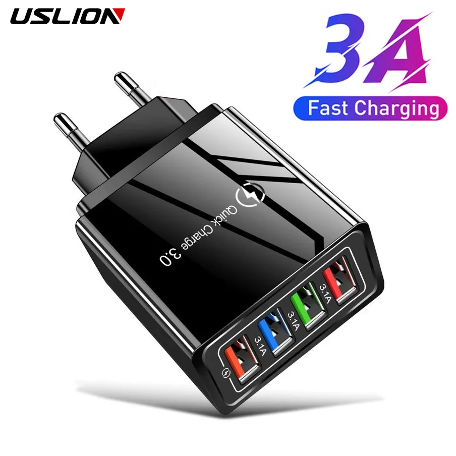 USLION 4 Ports 3A USB Charger Quick Charger 3.0 For iPhone 13 12 Xiaomi EU US Plug Wall Mobile Phone Charger Adapter Fast Charge