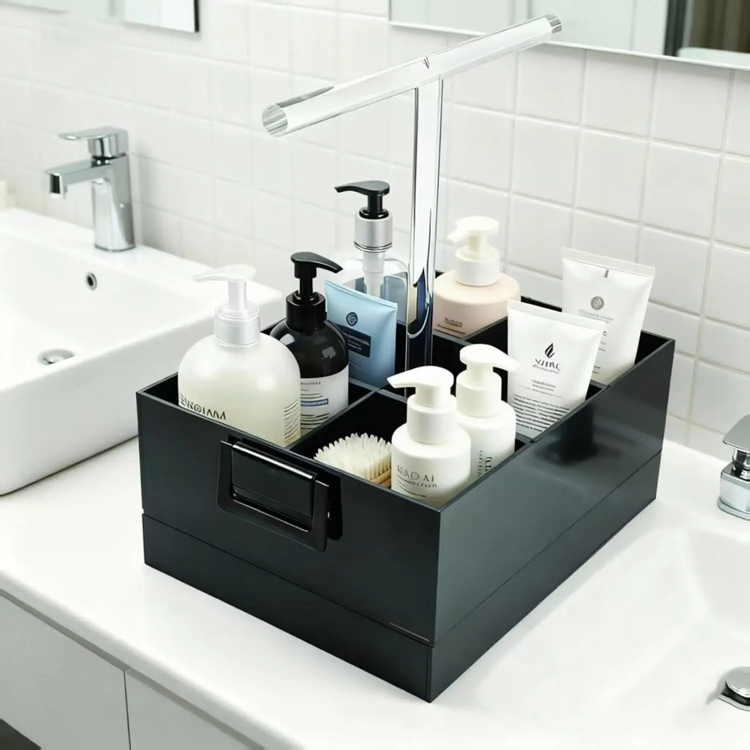 

Черный органайзер для душа. Портативный держатель для душа, акриловый органайзер с 6 отделениями и поддоном. Подходит для ванной комнаты.