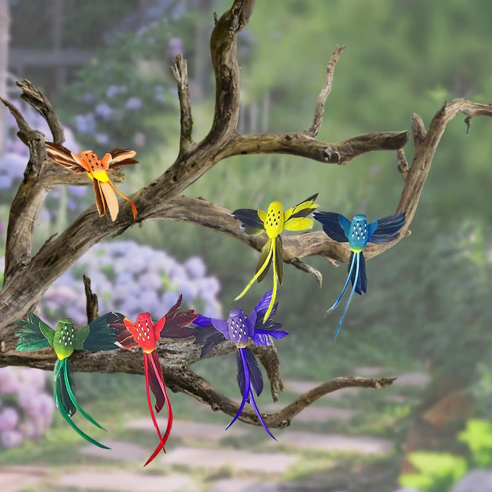 6Pcs Lifelike Feathered Hummingbird Bird Figurines Fake Foam Birds Artificial Birds for Patio Yard Landscape Lawn Ornaments