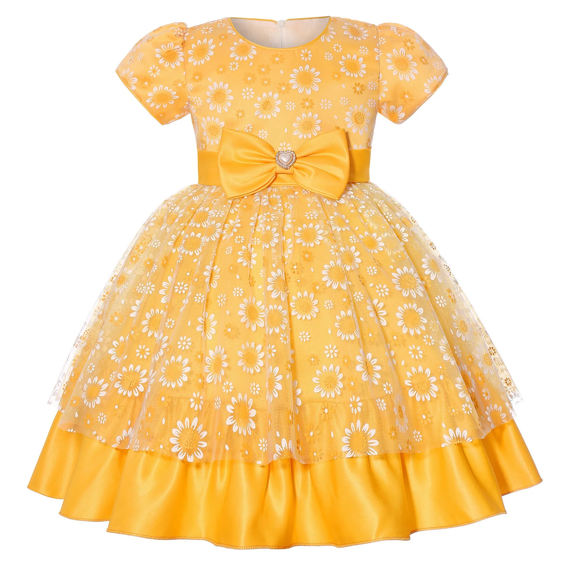 Cross-border special summer burst dress girls printed waist wedding dress flower girl short-sleeved princess puffy skirt
