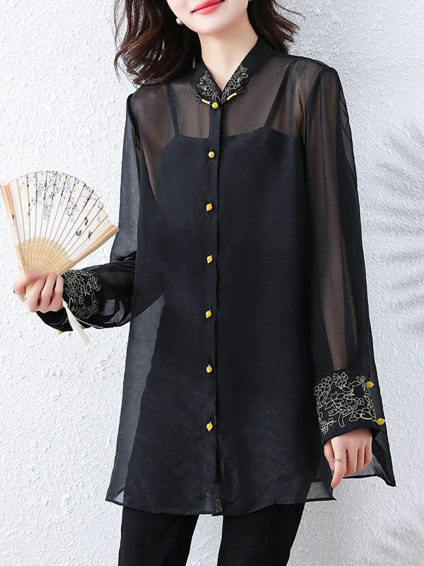 블랙 자수 셔츠 여성용 봄 루즈핏 스탠드 칼라 버튼업 자외선 차단 긴팔 중간 길이 캐주얼 셔츠