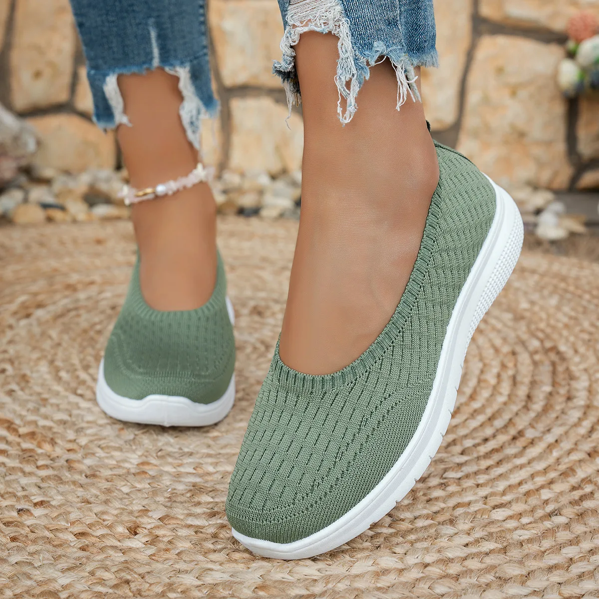 Hohlstrick-Slip-On-Keilsneaker für Damen, atmungsaktiv, rutschfest, weiche Kissensohle, für den täglichen Gebrauch, lässige Mutter-Schuhe – Detail 15