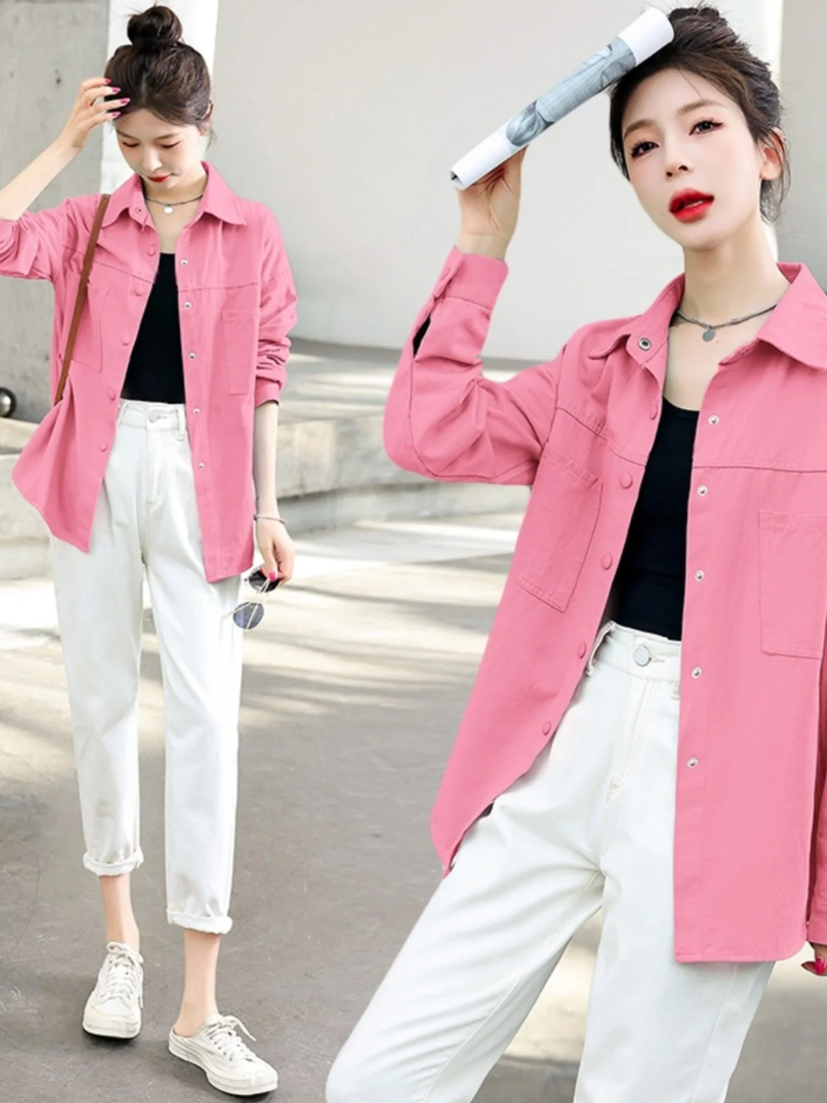 

Розовая джинсовая куртка женская, весна-осень, свободного кроя, повседневная, длинная, классическая, с пуговицами, универсальная, трендовая...