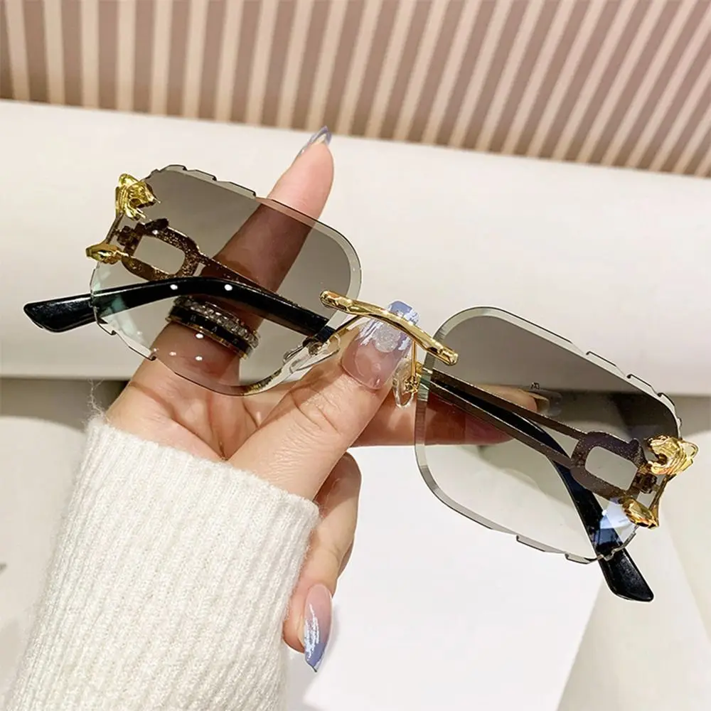 

Модные солнцезащитные очки без оправы с обрезанными краями, металлические дужки UV400, прямоугольные солнцезащитные очки, солнцезащитные очки с дизайном гепарда для женщин и мужчин