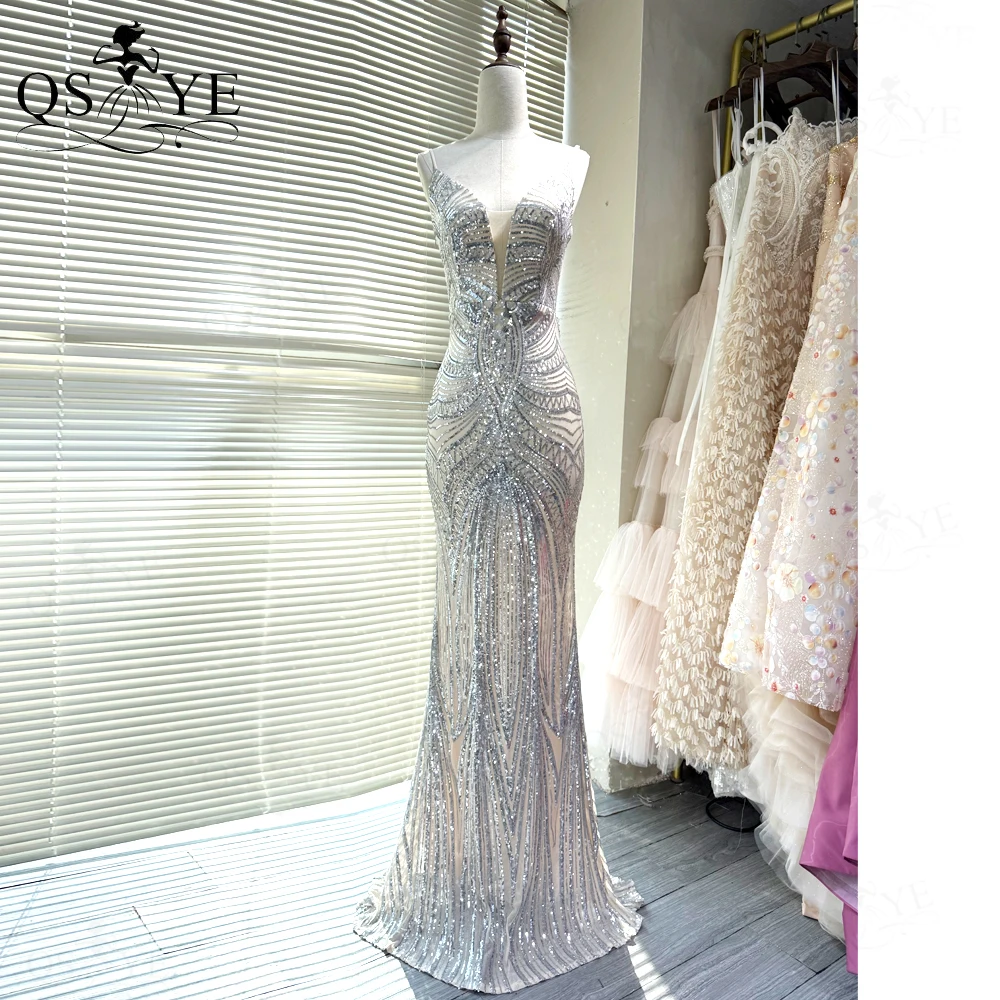 السباغيتي الأشرطة الخامس الرقبة الترتر الفضة حفلة موسيقية فساتين كامل حورية البحر نمط الدانتيل ثوب مسائي حزب عارية الذراعين صالح فستان فضي رسمي