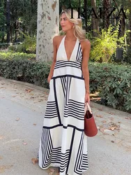 TRAFZA Summer New Fashion Women Dresses White Black Stripe V-Neck Sleeveless Backless Zipper Female Beach Style Long Dress