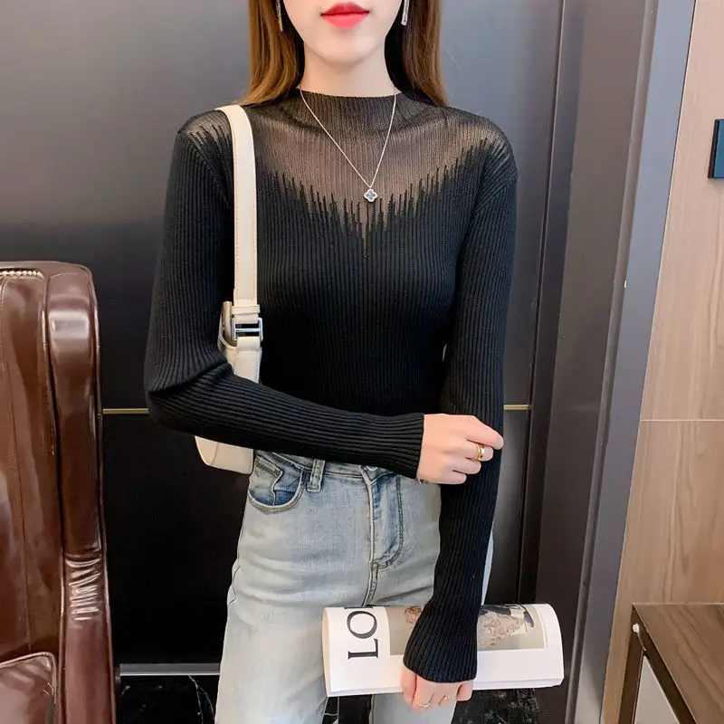 Autumn Winter New Sexy Diamonds Gauze Hollow Out Knitted Women\'s Half High Neck Long Sleeve Solid Color Sweater Slim Bottom Tops