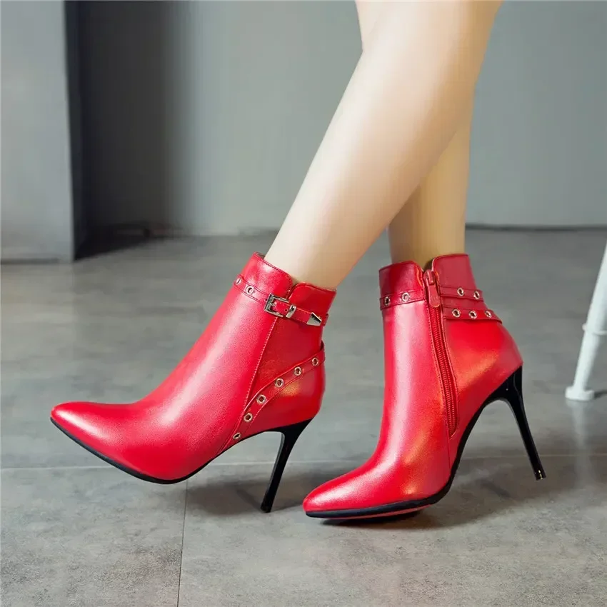 Winter Fall Women Rivet Eyelet Ankle Boots Red Black High Stiletto Heels Party Office Lady Pointed Toe Zipper Buckle Short Boots