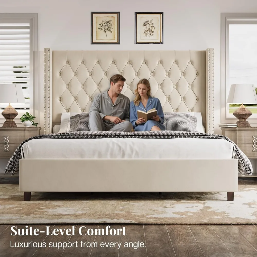 هيكل سرير بحجم كوين من بابجيت مع لوح رأسي بطول 61.4 بوصة، سرير معنقدة حديث مخملي للبالغين، زر عميق مصنوع يدويًا #3
