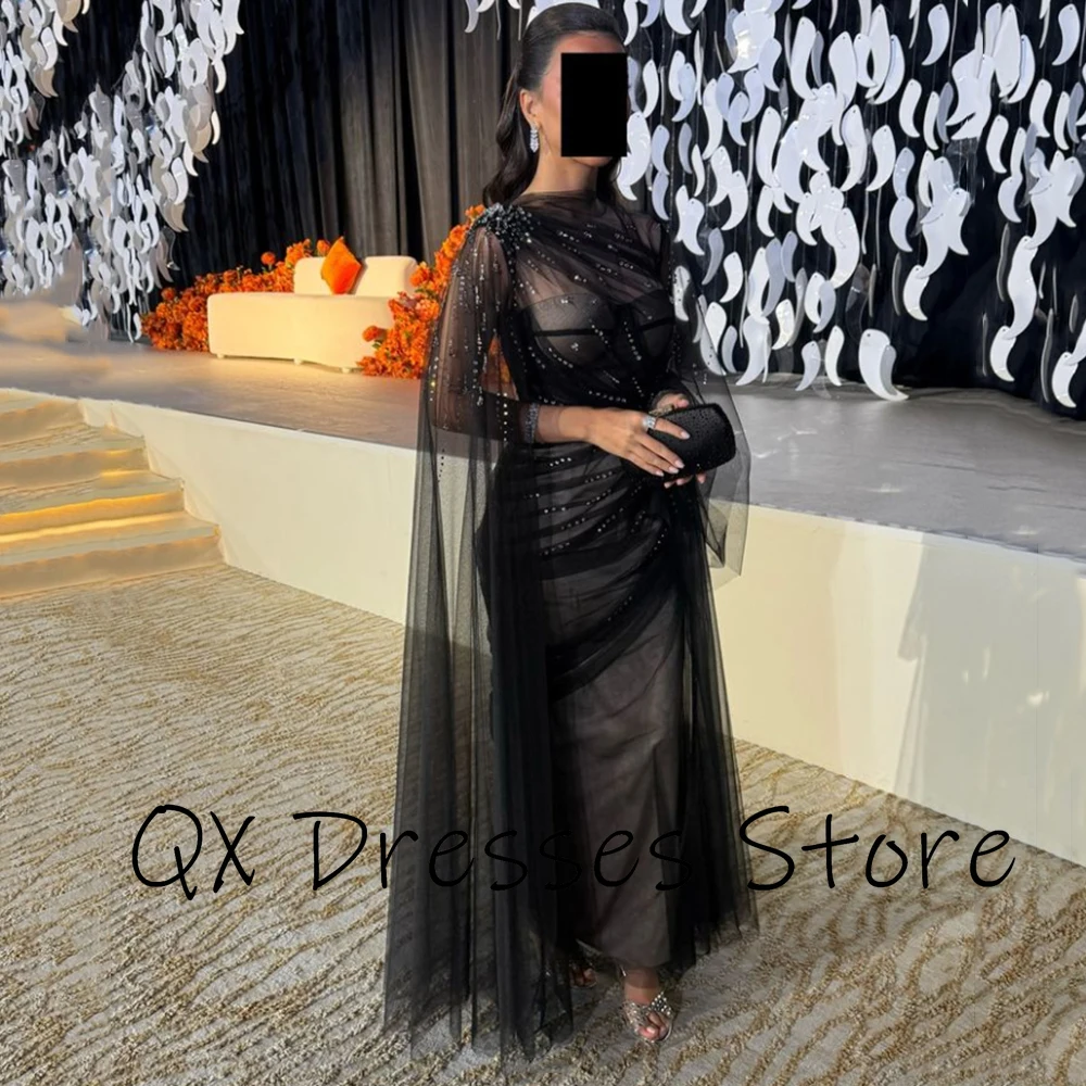 Customized O-neck Black Tulle Backless Illusion Beading Evening Dress Spaghetti Sleeveless Pageant Gowns فساتين سهره نسائيه فخمة image 5