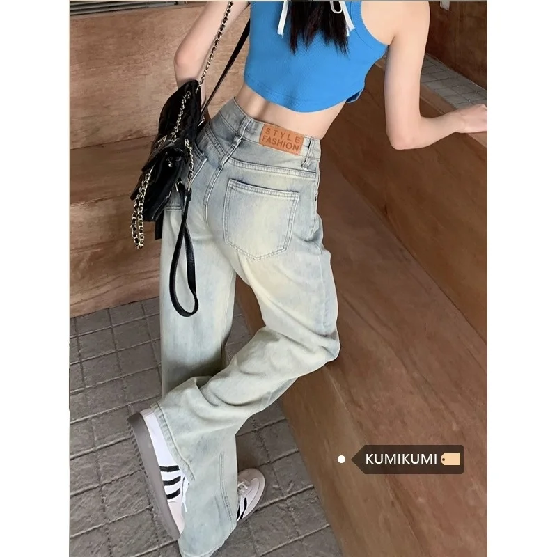 

Washed Vintage Denim Pants High Waist Wide Leg Straight Cut Slimming Yellow Mud Jeans Spring Autumn Women's Fashion