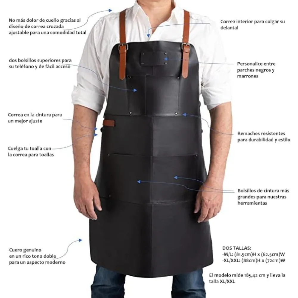 مآزر كروس بظهر من الجلد الطبيعي للرجال مع جيوب للاستخدام الاحترافي في المطبخ