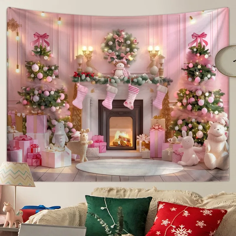 VIKAMA Pink Fireplace Unicorn Tree Christmas Tapestry, HD Print Wall Hanging for Girl Bedroom Cozy Holiday Decor