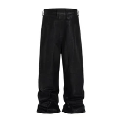 Vintage Coated Wax Black Wide Leg Baggy Cargo Pants Men's Streetwear Cleanfit Pleated Casual Overalls Oversized Loose Trousers