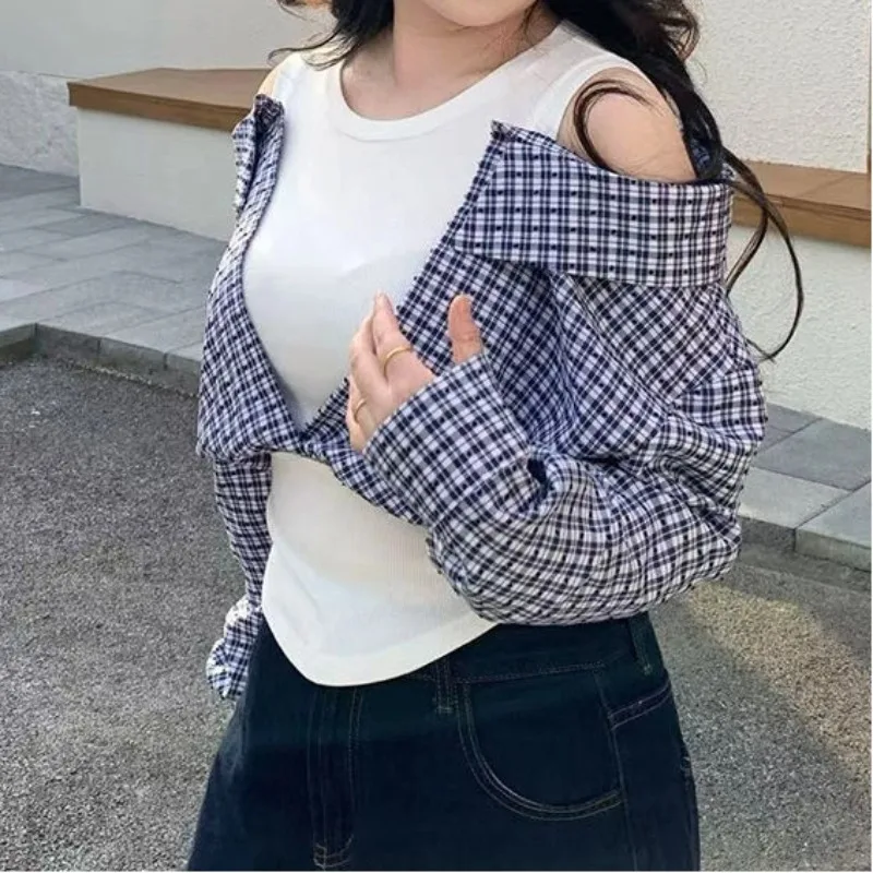 

Женская рубашка в клетку с длинным рукавом, модный тонкий пуловер, простой, элегантный тренд, темпераментные топы, искусственные две части