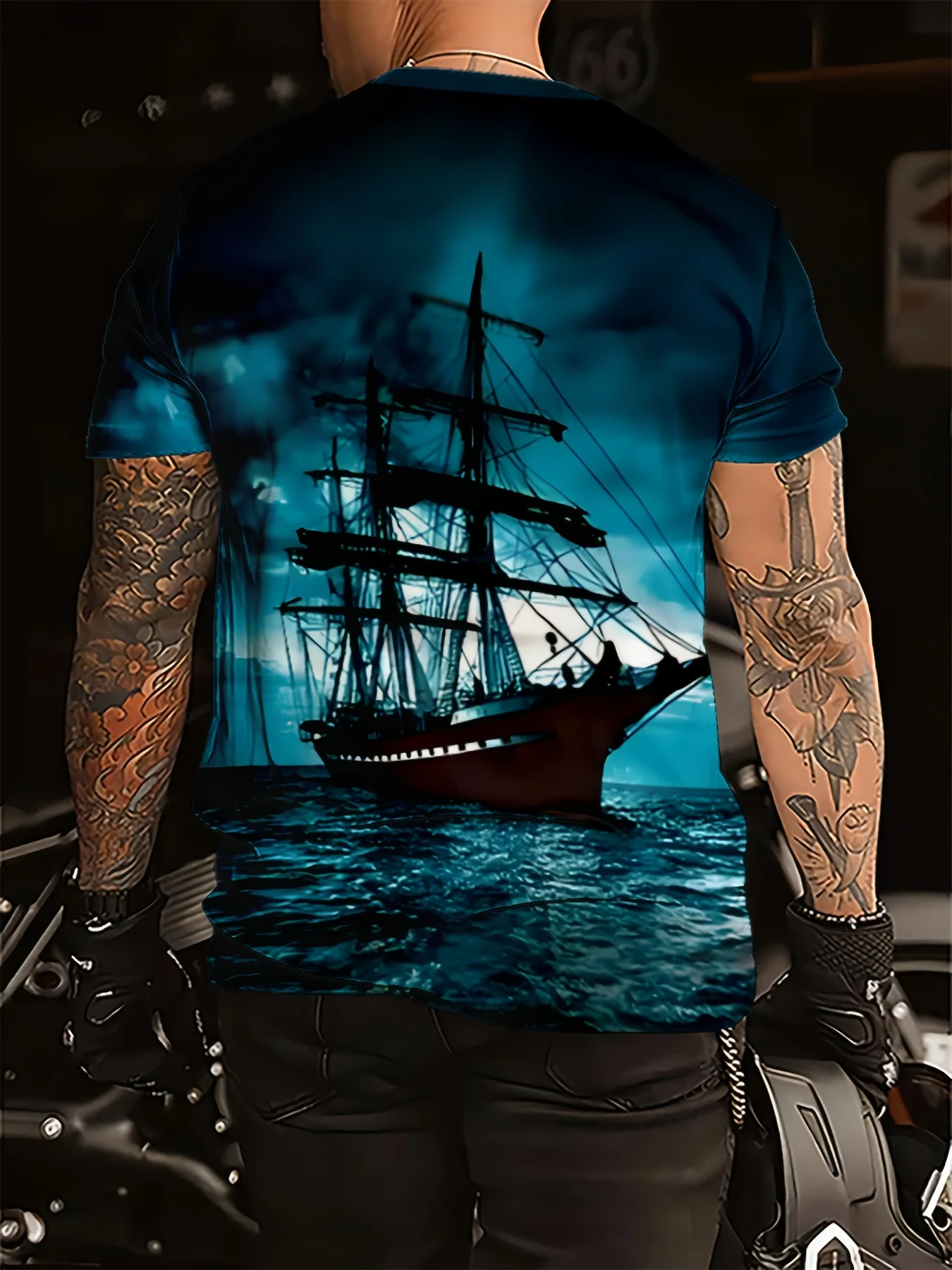 Men Short Sleeve T‑Shirt Vintage Sailing Ship Ocean Sea View Nautical Crew Neck Casual Tops