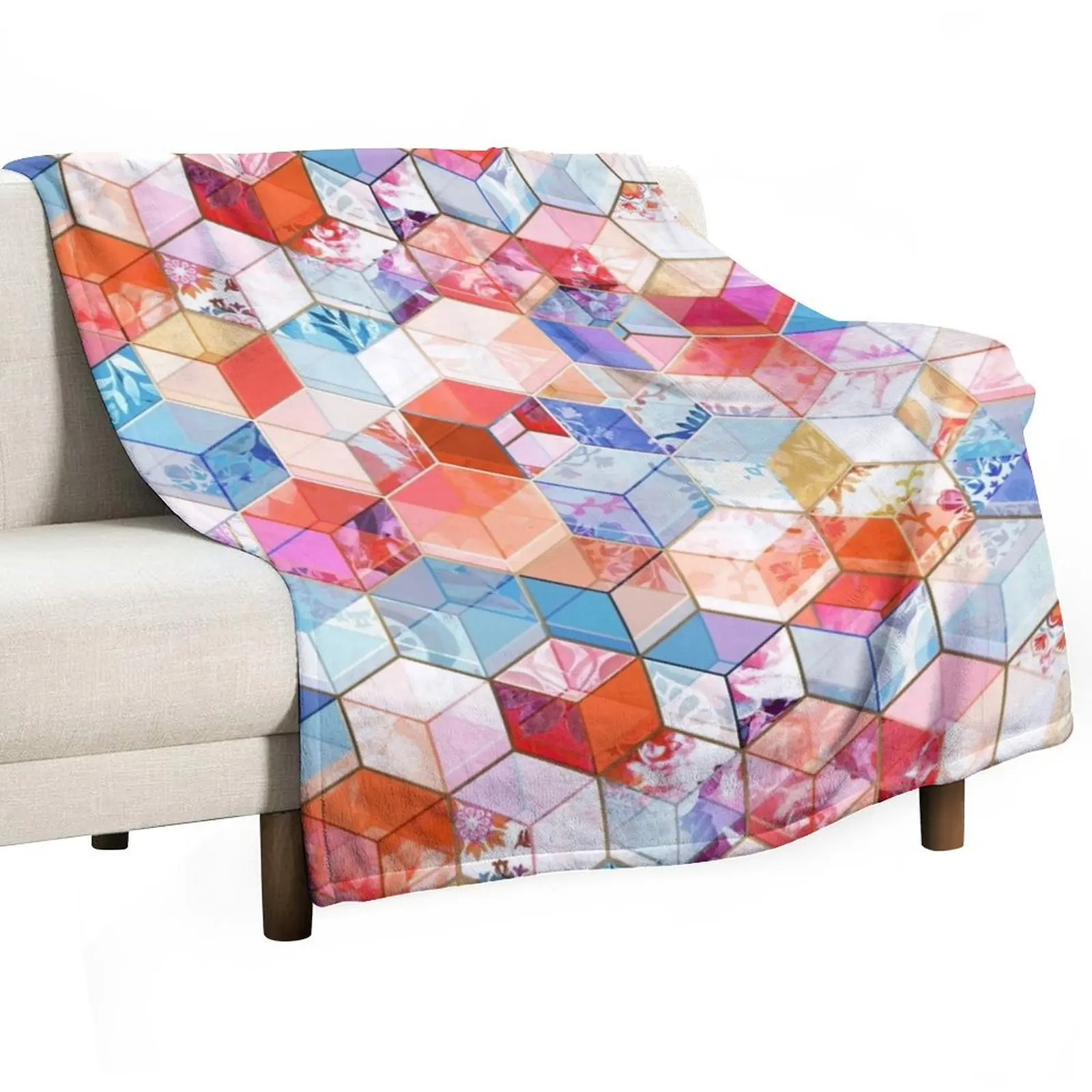 

Coral, Cream and Cobalt Kaleidoscope Cubes Throw Blanket Stain Resistant Cozy Warm Blanket