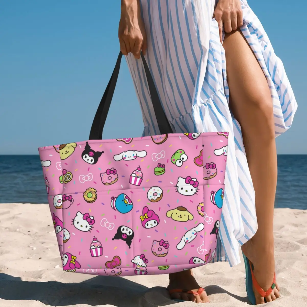 Sanrio Characters Large Beach Tote Bag Women Waterproof Sandproof Hello Kitty Kuromi Tote Bags for Travel