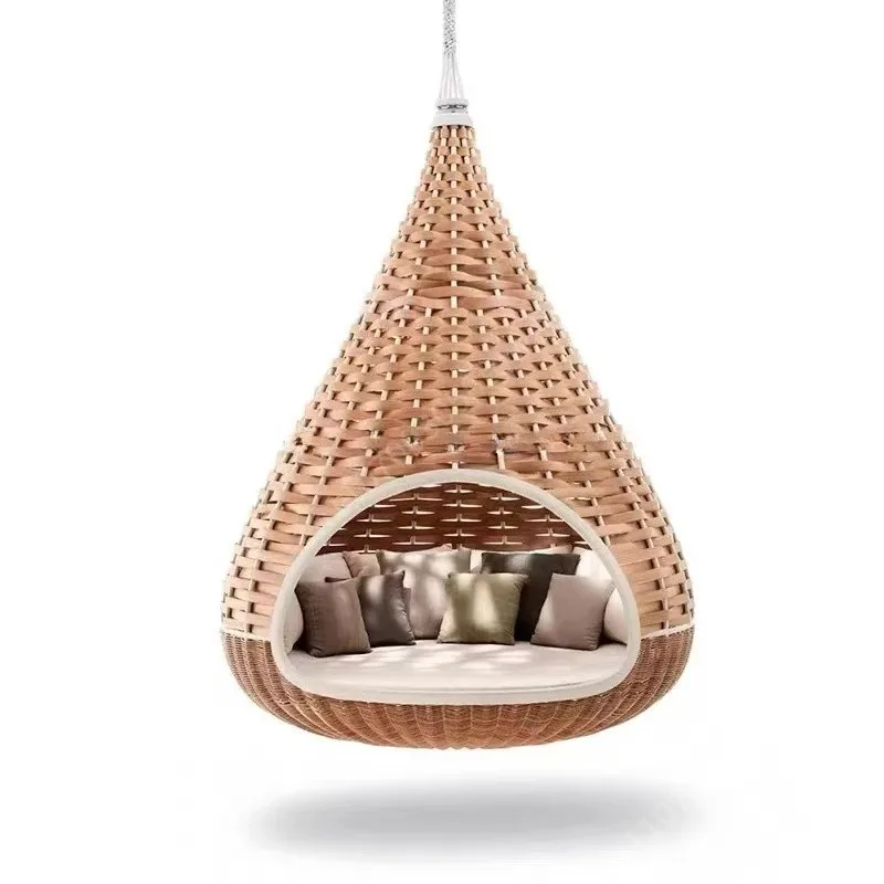 Teardrop Shaped Wicker Hanging Egg Chair, Rattan Weave Swing Chair with Cushions & Pillows for Patio & Indoor Use