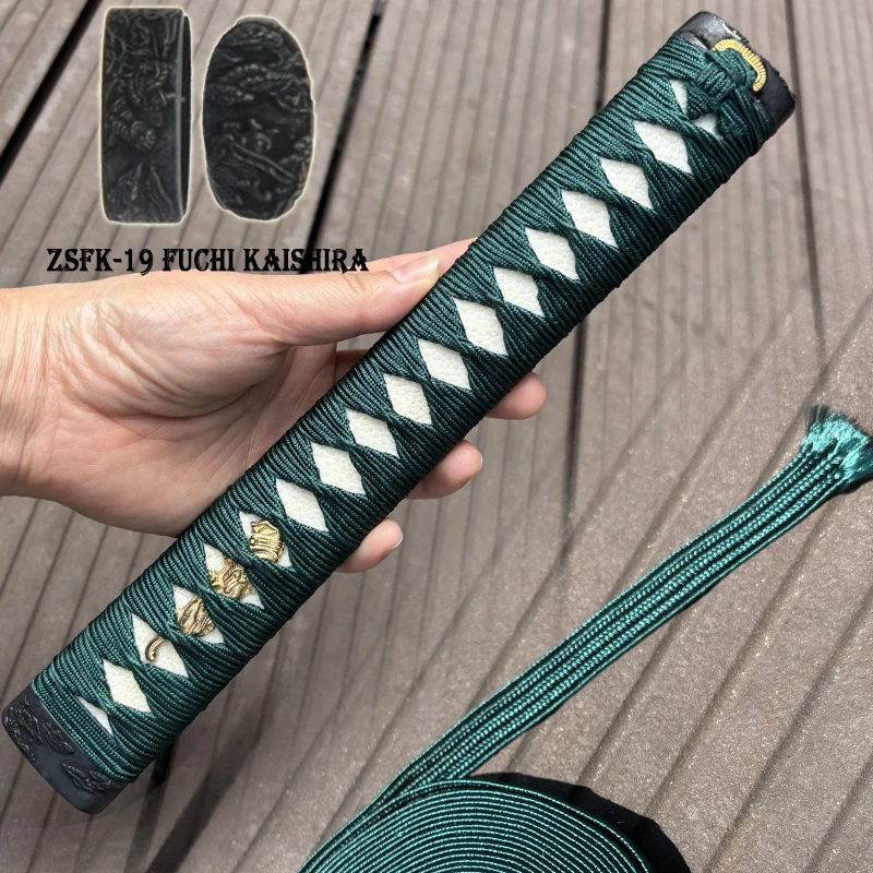 Post Green Silk Tsuka Ito, Wrapping Cord,Real Same, Metal Fuchi Kashira, Japanese Katana Wooden Handle, Sword Accessories,26CM