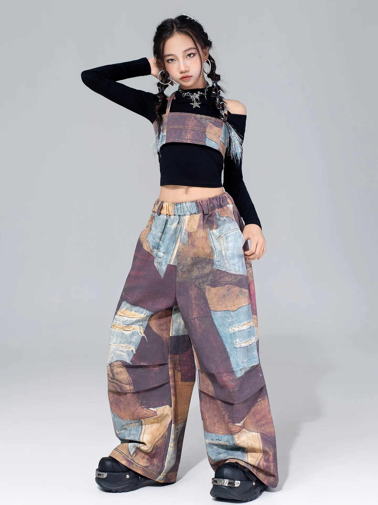 Mädchen Hip Hop Jazz Dance Kleidung Kpop Lange Ärmel Crop Tops Baggy Mode Hosen Kinder Straße Tragen Modern Dance Tragen BL17713
