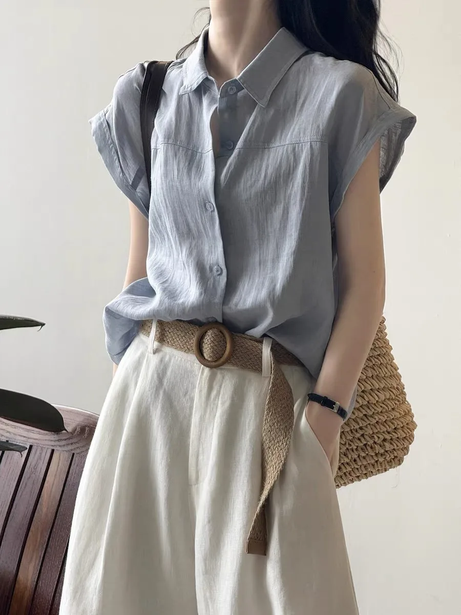 

Синий ort Sve irt, тонкий хлопок и лен, женская свободная посадка, летняя повседневная одежда, прямой крой, корейский Sle Commute Faion