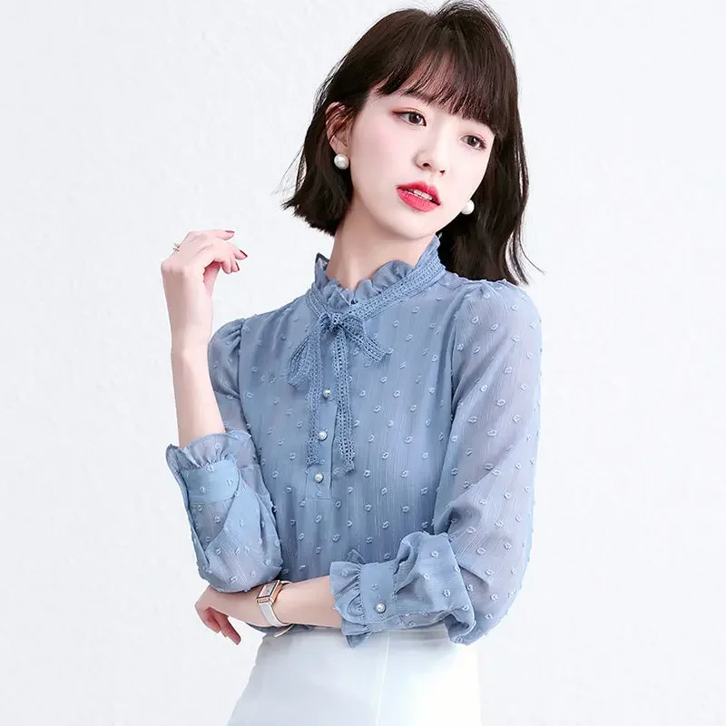 2022Autumn Simplicity Polka Dot Solid Color Chiffon Turn-down Collar Long Sleeve Blouse Women Clothes Korean Lacing Bow Shirts