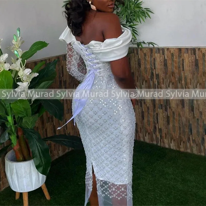 Bling Sequins Heavily Beaded Wedding Dress One Shoulder Sheer Single Long Sleeves Tea Length Mermaid Customized Bridal Dresses