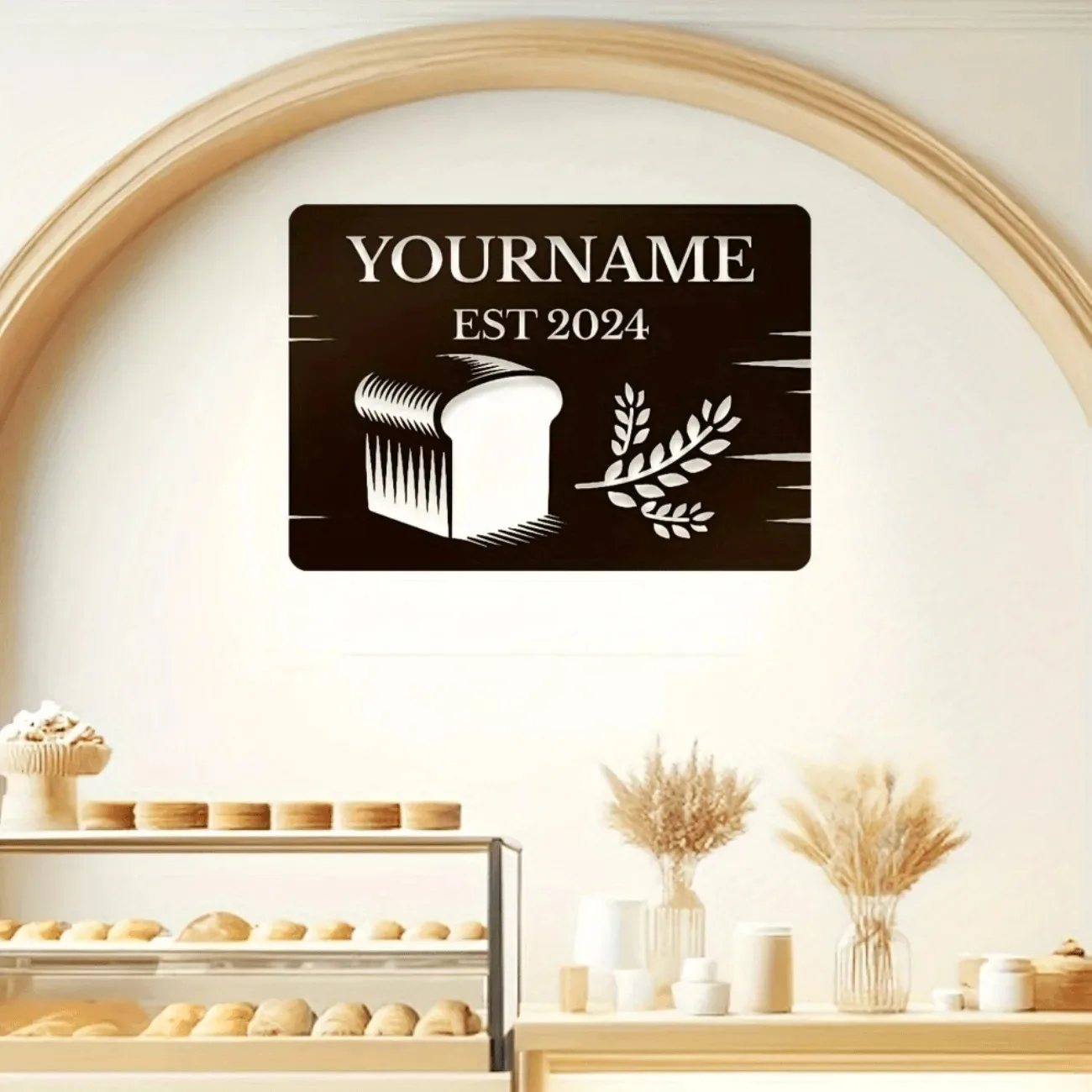 [2D Flat] Rustic Toast Wheat Design Black Aluminum Wall Sign Custom Name EST Year Waterproof Farm Home Cafe Wall Mount Decor For