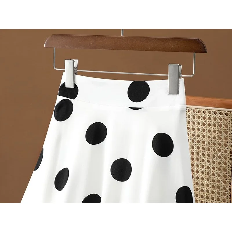 Tempérament grande jupe à pois femmes 2025 été nouvelle taille haute en mousseline de soie parapluie jupe mi-longue grand ourlet longue