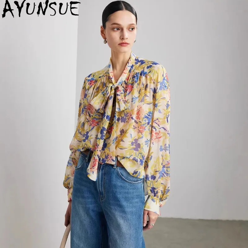 

AYUNSUE Georgette Silk Women's Blouses and Shirts Printed Long Sleeve Tops for Woman Semi-Sheer 100% Mulberry Silk Woman Clothes