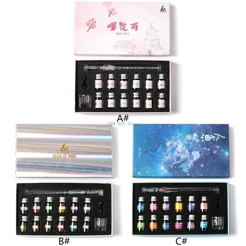 41QA Glass Dip Pen Pen Pen Gradient Glass Kaligrafy Pen z 12 butelek Prezent dla podpisów Rysowanie kart podarunkowych Pisanie
