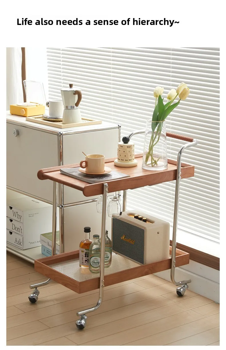 Solid wood movable sofa side table, Japanese-style trolley small apartment, bedside storage ins mini coffee table