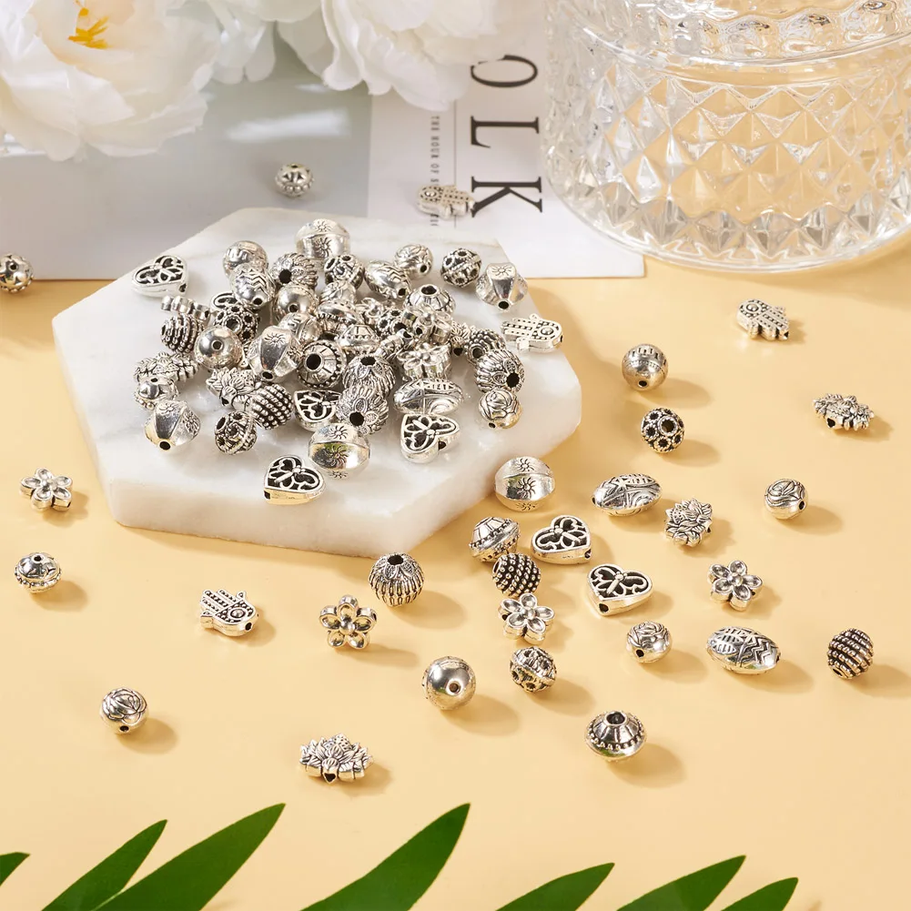 130pcs Antique Silver Color Tibetan Style Alloy Bead Loose Beads for Bracelet Necklace Earrings Handmade Jewelry Making Supplies