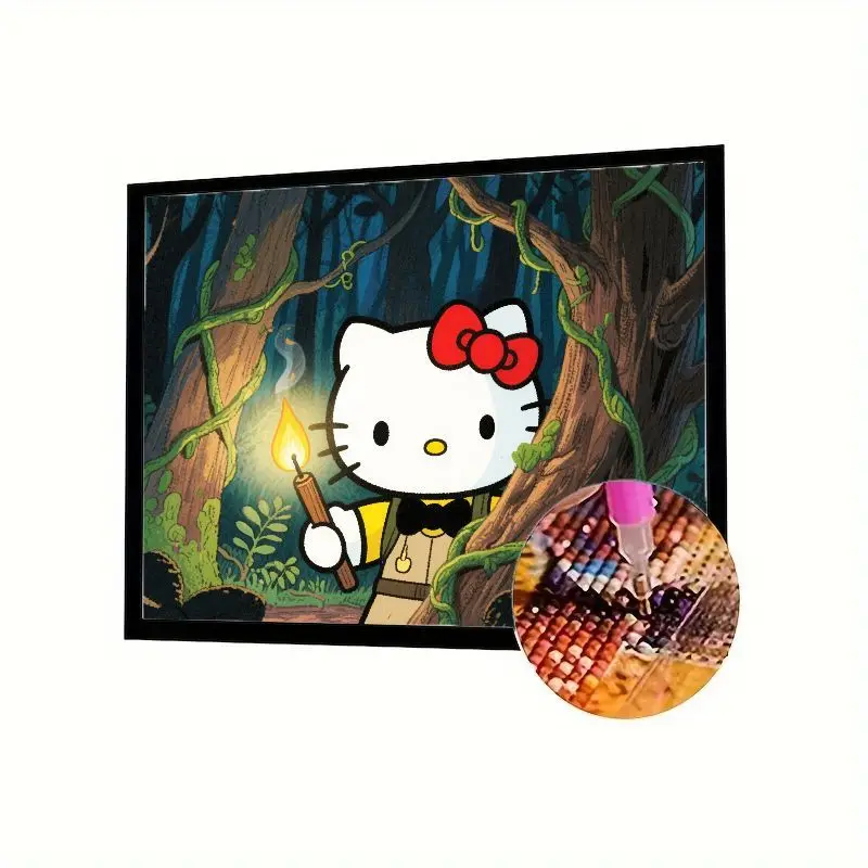 

Hello Kitty Adventurer Explorer с факелом в темном лесу Набор для алмазной живописи 5D - DIY Полная дрель Круглый кристаллический драгоценный камень Art, Sparkl
