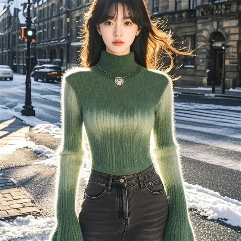 Green Gradient Turtleneck Wool Sweater Women Autumn New Furry Mohair Knit Pullover Slimming Cashmere Knitwears