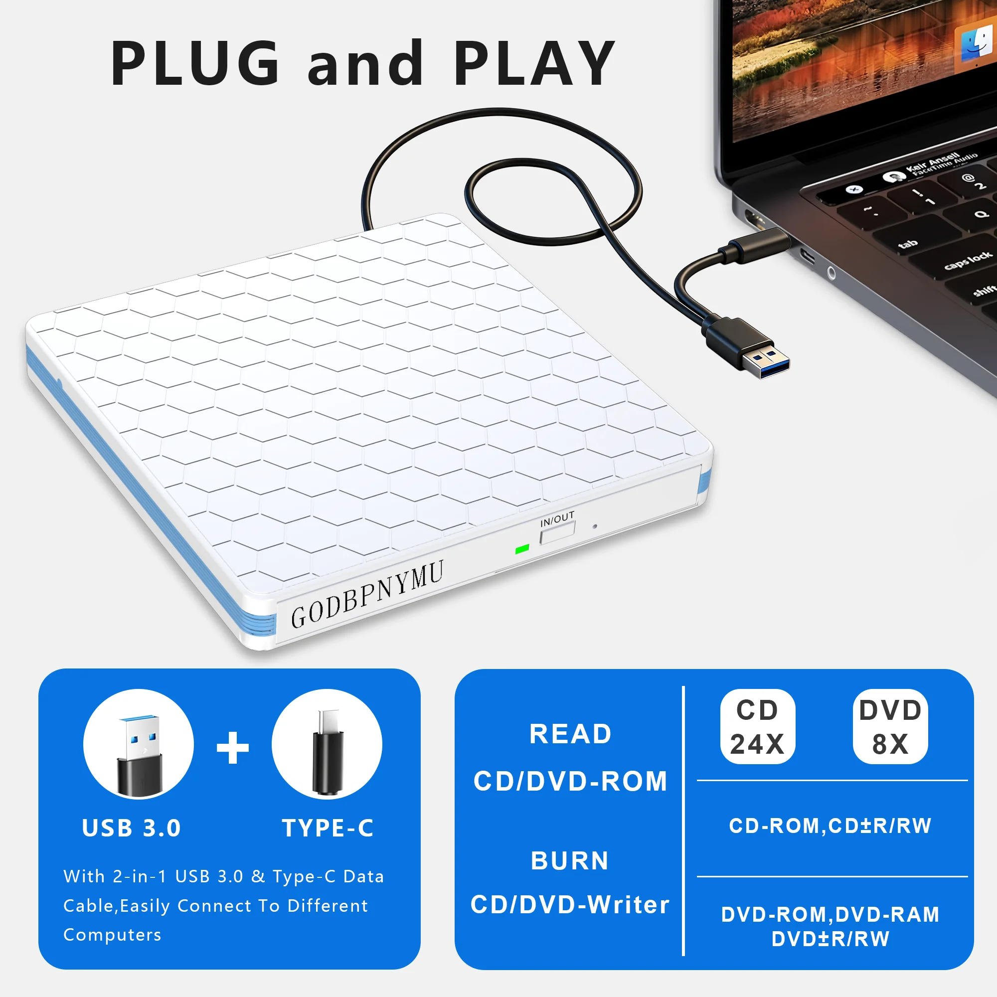 

Внешний DVD/CD-привод USB 3.0 USB-C, оптический привод для записи CD/DVD +/-RW, портативный DVD/CD-ROM-рекордер для ноутбуков и настольных ПК