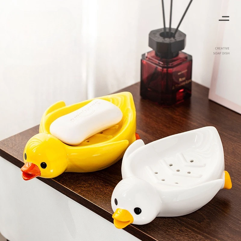

Керамическая мыльница для дома в форме милой уточки, для ванной комнаты, с дренажной полкой для мытья рук