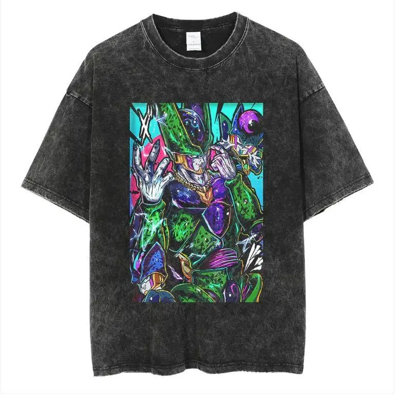 

Dragon Ball Z Broly Super Saiyan Golden Aura & Goku Vegeta Silhouette Vintage Washed Anime Print T Shirt Men 2026 Summer