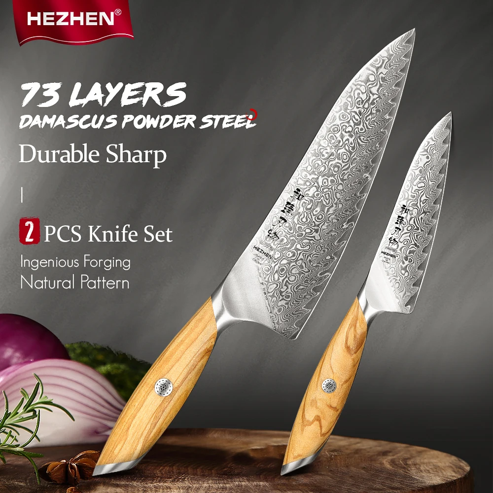 HEZHEN 2PC Knife Set 73 Layers Damascus Steel Chef Cook Knife 14Cr14MovNb Steel Core Sharp Kitchen Knife Gift Box