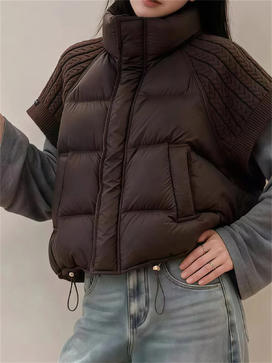 Fashion Knitted Patchwork Short Sleeve Jackets Women Winter Warm Cotton Padded Quilt Parkas Stand Collar Zipper Waistcoats Vest