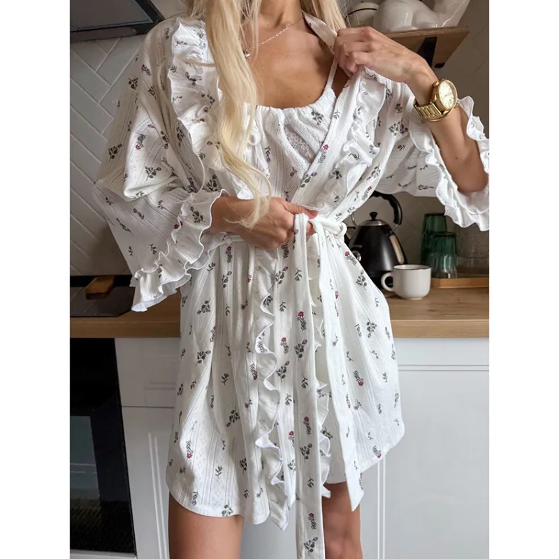 

2025 женский осенний пижамный комплект, дышащий вязаный жаккардовый комплект с длинными рукавами, комплект из 2 предметов, халат, ночная рубашка, размер L