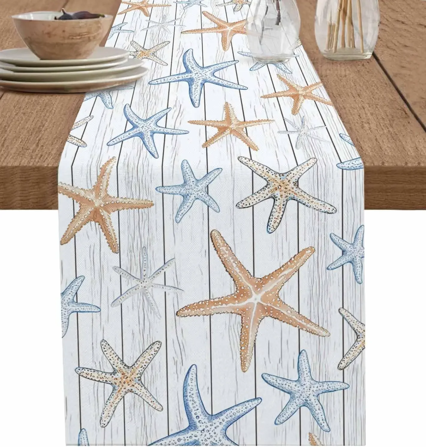 

Starfish on Gray Farm Wood Grain Linen Table Runner Dresser Scarf Summer Ocean Marine Life Table Runners Kitchen Table Decor
