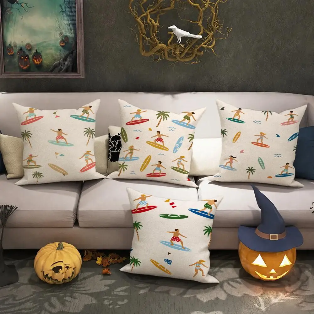 Summer Surf Beach Pattern Cushion Cover Halloween decoration trick or treat cushion cover, ghost, pumpkin head, bat decoration