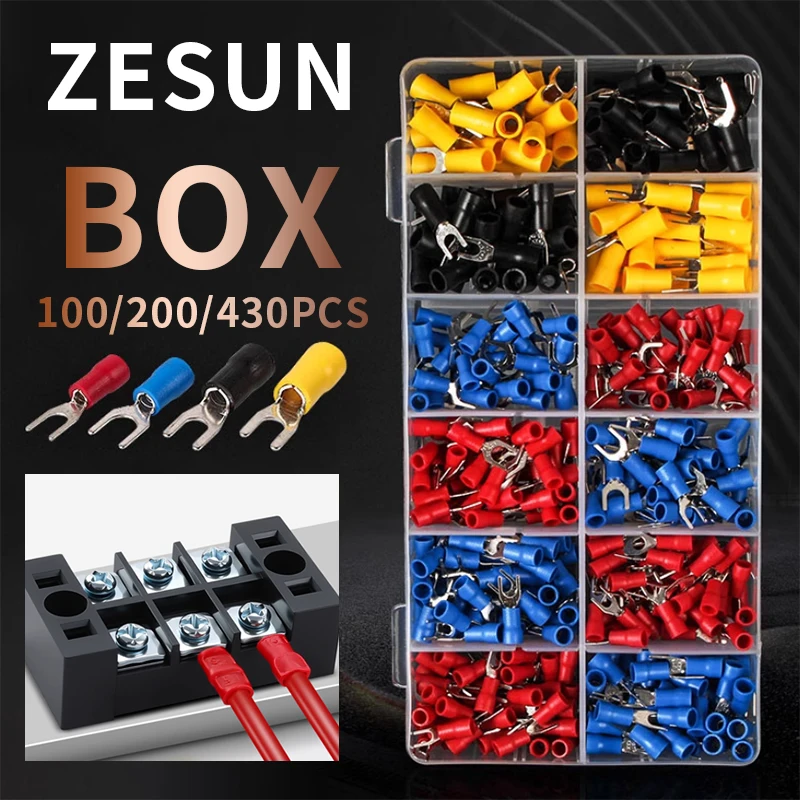 100/200/430pcs SV cold pressed terminal boxed block pre insulated U-shaped terminal fork shaped flexible wire end