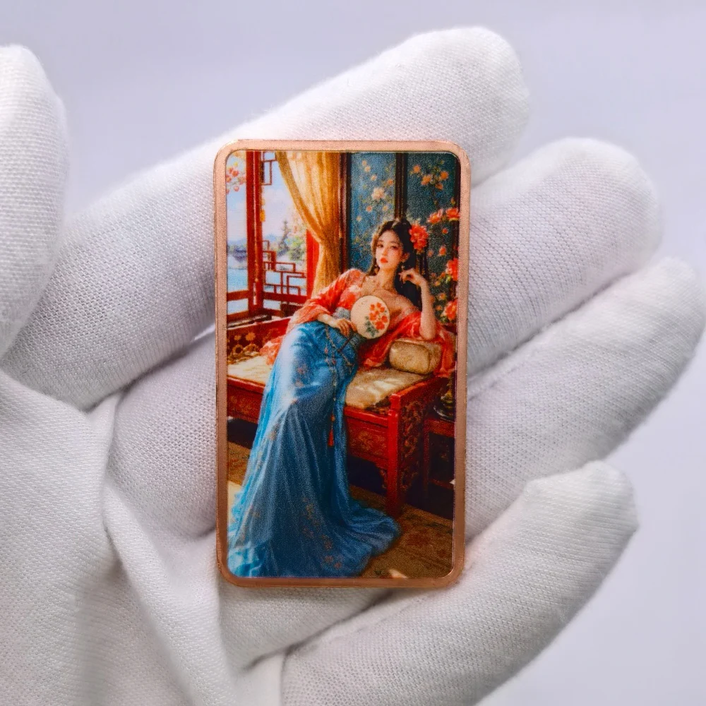 1 OZ Chinese Hanfu Ancient Beauty Lady .999 Fine Copper Collectible Bar Color Printed Classical Garden Pattern Metal Decor Gift