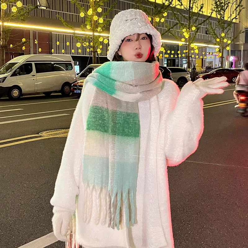 New Fashion Design Muffler Female Fairy Powder Gradual Change Tassel Mohair Scarf Women Winter Thermal Imitation Cashmere Scarf